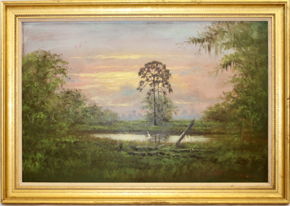 R.A. MCLENDON OIL ON BOARD LANDSCAPE SCENE: R A MCLENDON FLORIDA HIGHWAYMEN LANDSCAPE R. A. (Roy) McLendon, (American, b.1932), Florida Highwaymen artist, oil on board, 24" by 36", signed lower right "R A McLendon". Scene depicts that of Marsh