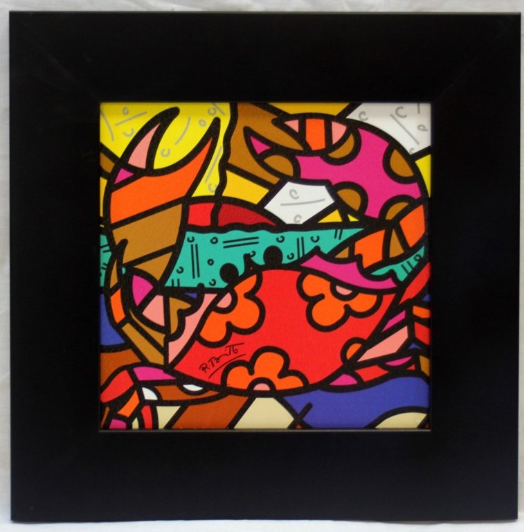 ROMERO BRITTO ABSTRACT PAINTING: Measures 12" by 12" comes in Black Frame.