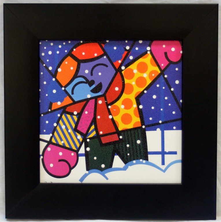 ROMERO BRITTO BOY PLAYING IN SNOW: Measures 12" by 12" comes in Black Frame.