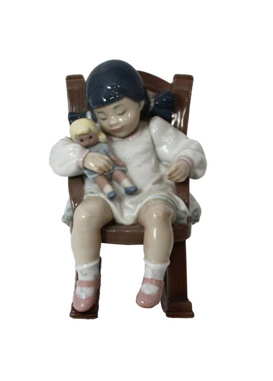 LLADRO FIGURINE "NAPTIME" #5448: Lladro Figurine "Naptime" #5448, Depicts Little Girl with Doll Napping in Rocking Chair that Actually Rocks. Approx. 4.75" tall.