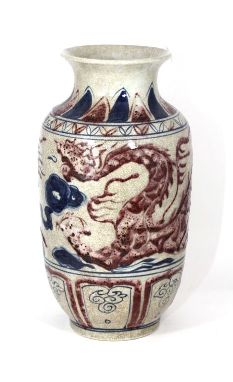 CHINESE PORCELAIN QING DYNASTY DRAGON VASE: Large Vase depicts a single large Dragon Red iron Color wrapping around the entire Vase. Dragon has 3 Claws which indicated Imperial origins. Blue Clouds and Auspicious symbols. Measures 13" Tall weig