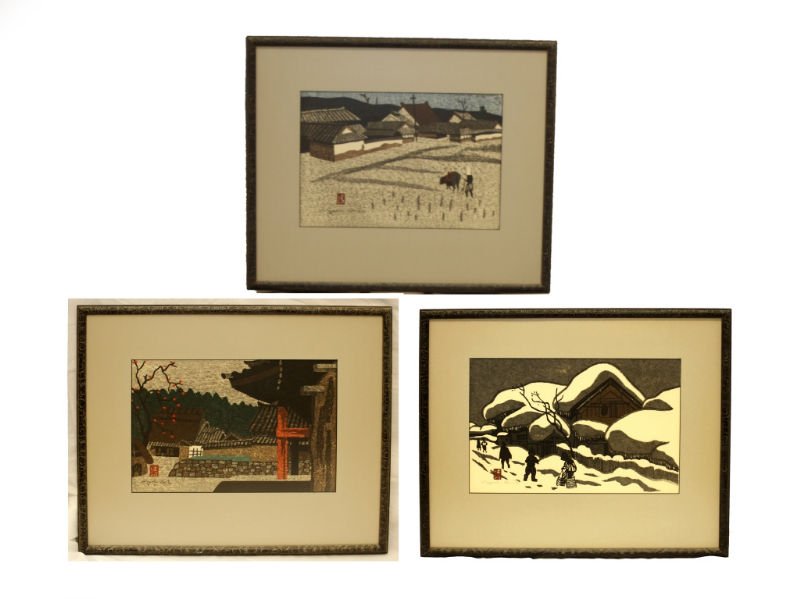 3 KIYOSHI SAITO WOOD BLOCK PRINTS: Kiyoshi Saito (Japanese, 1907-1997) "Untitled," color woodcut, Prints Each is Framed 23" by 19"