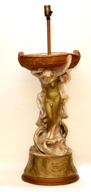 ANTIQUE PORCELAIN CENTER PIECE BY ROYAL DUX: Large 24 1/2" Tall three Figure Porcelain Center Piece converted to Lamp. All Hand Painted original