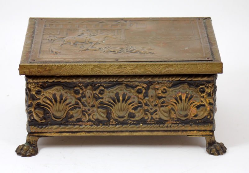 ANTIQUE COPPER JEWELRY BOX WITH HUNT SCENE: Measures 7" by 10" by 5" Tall early embossed Copper Jewelry Box with Hunt Scene on Cover