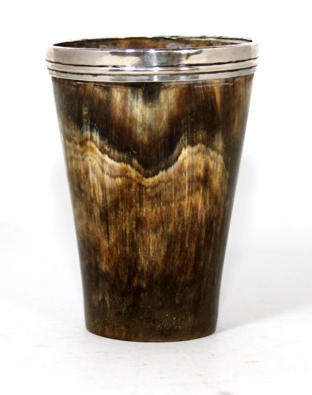 19TH CENTURY STERLING HORNED RIMED CUP: Made by Abraham Peterson in the Mid 19th Century measures 5" Tall
