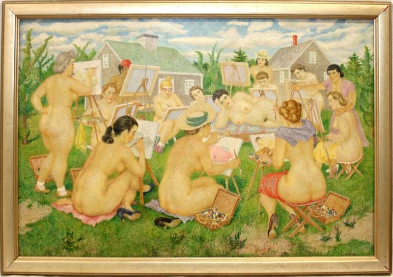 GEORGE E. DURANT OIL " ART CLASS ON CAPE COD": Titled Art Class on Cape Cod Oil on Canvas measures 36" by 24" depicts 13 Nude Woman gathered in a circle Painting a Nude Woman in Center of Group. George E. Durant Paintings have sold for upwards of 