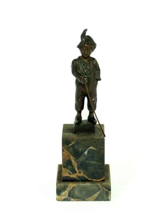 LUCY BOYD BECK (1916–2009) ORIGINAL BRONZE STATUE: Baverian Boy Bronze signed Beck on Back sits on Marble Base. Statue measures 3 1/2" Tall marble base 2 1/2" Tall