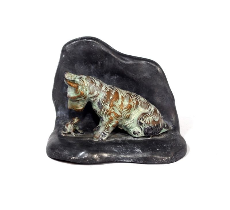 BRONZE AND METAL STATUE OF DOG & FROG: Measures 3 1/2" Tall by 4 1/2" Long