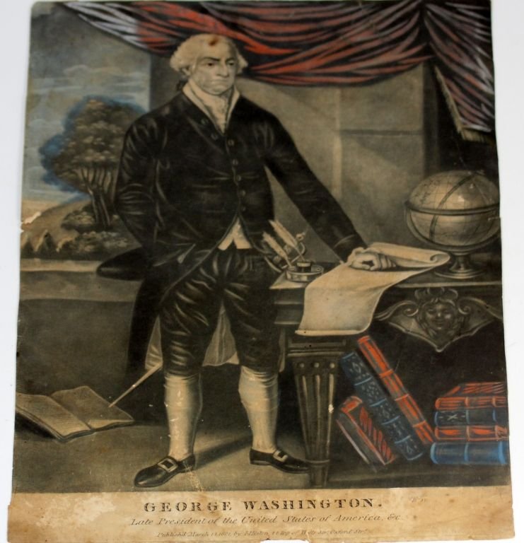 COLOR PRINT OF GEORGE WASHINGTON PUBLISHED 1801: Published March 11th, 1801 by I. Hinton 44 Top of Wells Measures 14" by 10"