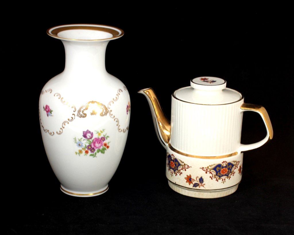 LOT OF 2 PORCELAIN VASE AND TEA POT: Gibsons English Gold Gilt Tea Pot and German Porcelain Floral Vase. Vase measures 9 1/4" Tall comes with Gold Gilt Tea Pot measures 6 1/2" Tall
