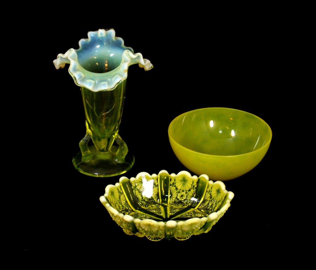 LOT OF 3 ASSORTED VASOLINE GLASS: 1 Vase 6 1/2" Tall, 1 Tray 5 1/2" Long, and 1 Bowl 4 1/2" Diameter