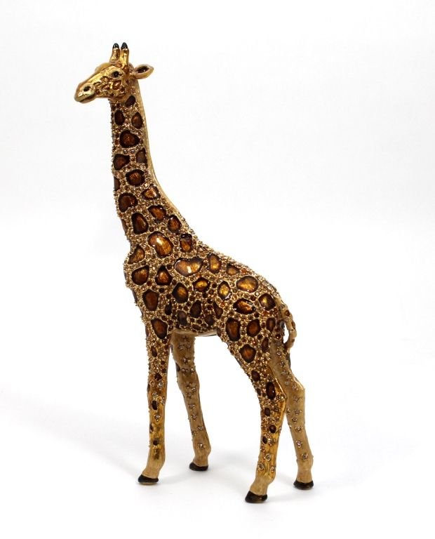 JAY STRONGWATER BIG GIRAFFE ENAMELED FIGURE: a Jay Strongwater enameled and jeweled figure depicting a giraffe. Includes pouch, bag and box. Measures 8" height. Figure weighs 644 grams.