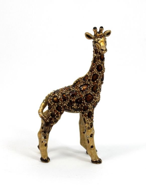 JAY STRONGWATER ENAMELED JEWELED GIRAFFE FIGURE: Jay Strongwater enameled and jeweled Baby Giraffe figure. Includes pouch, tag, papers and box with outer sleeve holding a Nieman Marcus label. Figure measures 3 3/4" height. Total weight of 191 grams.
