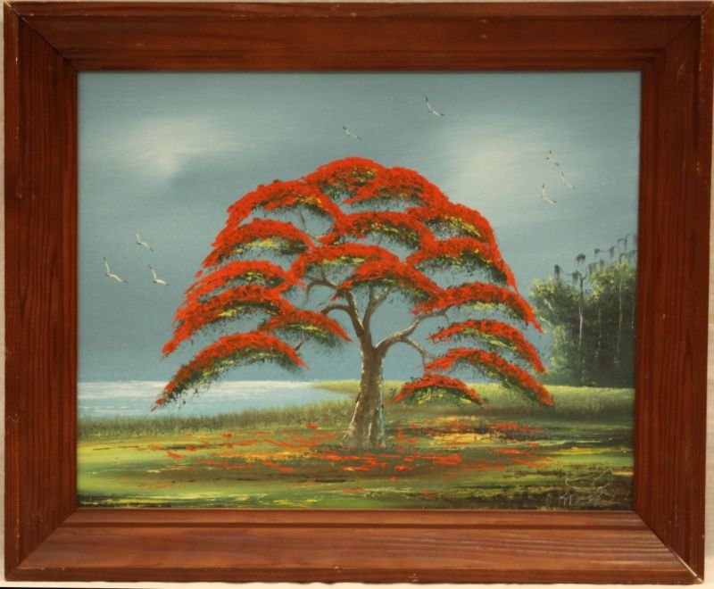 HIGHWAYMEN OIL PAINTING OF POINCIANA, I. KNIGHT: Highwaymen art oil painting on board depicting a landscape scene centered around a Royal Poinciana tree by Isaac Knight. Signed to lower right. Mounted in a wooden frame. Measures 16" height x 20" wid