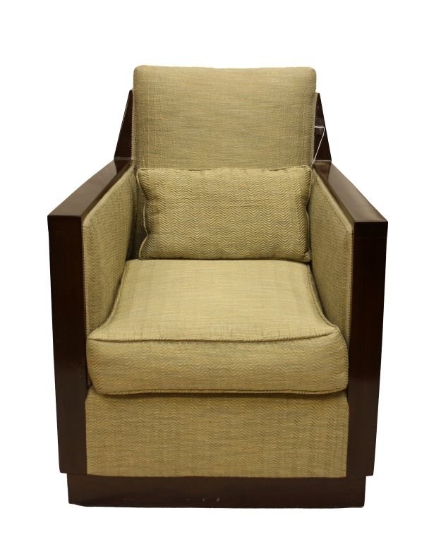 PAIR OF ART DECO MAHOGANY WOOD CHAIRS: A pair of Deco mahogany wood chairs. Each having plush green upholstery. Circa 1940's. Each measures approx. 34" height x 27" width x 29" depth.