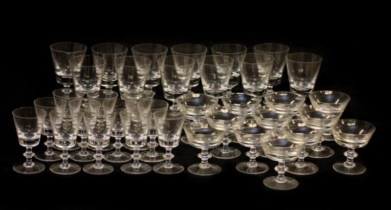 36 PIECE VAL St. LAMBERT 'STATE' STEMWARE SET: A thirty six piece set of Val St Lambert Belgian crystal stemware set in the 'State Plain' pattern. Set includes water goblets (6 3/8"), 12 white wine glasses (5 1/8") and 12 tall sherbert / champagne