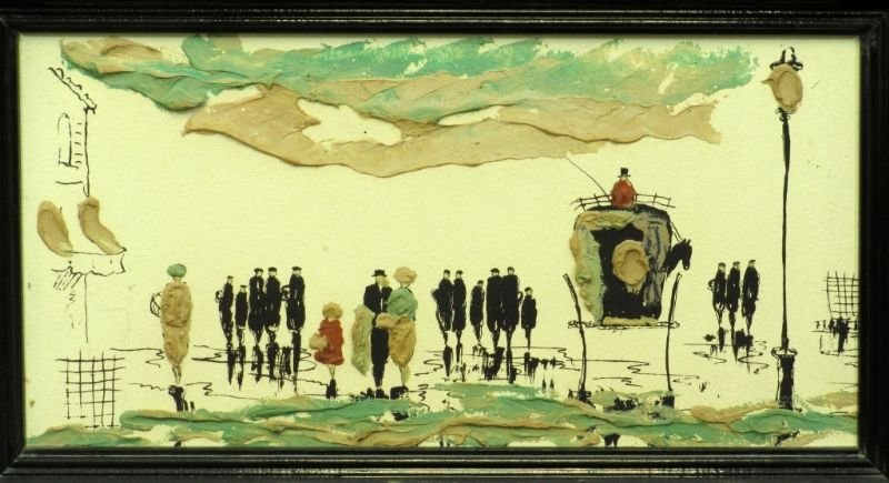 ELMO GIDEON (1924-2010) AMERICAN ABSTRACT PAINTER: Elmo Gideon (1924 - 2010), American, Abstract Mixed Media on paper raised Painting depicting horse Drawn Carriage and several people in street scene. The Carriage Clouds Light Post, and Some People ar