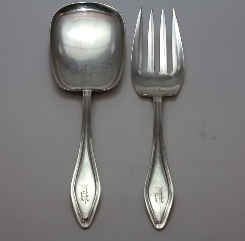 TOWLE MARY CHILTON STERLING SALAD SERVING SET: A Towle Mary Chilton Sterling silvr salad serving set including fork and spoon. Patented 1912. Has monogram. Retailed by Shreve, Crump & Low years ago and bears the Total weight of 5.5 ozt.company's n