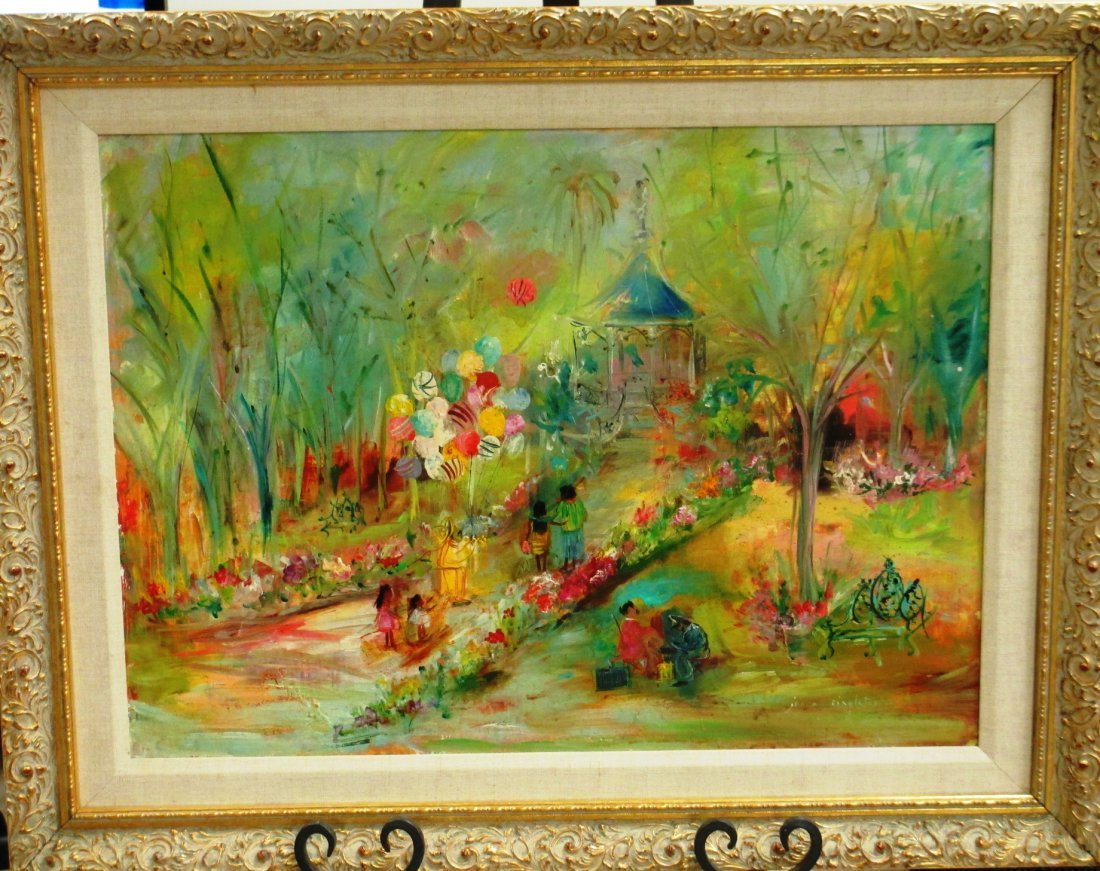 JUDI LOUISE SINGLETON OIL PAINTING ON BOARD: Judi Louise Singletopn (AUSTRALIA, 1963 - ) oil painting on board of park scene with people and balloons. Measures 26" by 20" comes in Beautiful French frame.