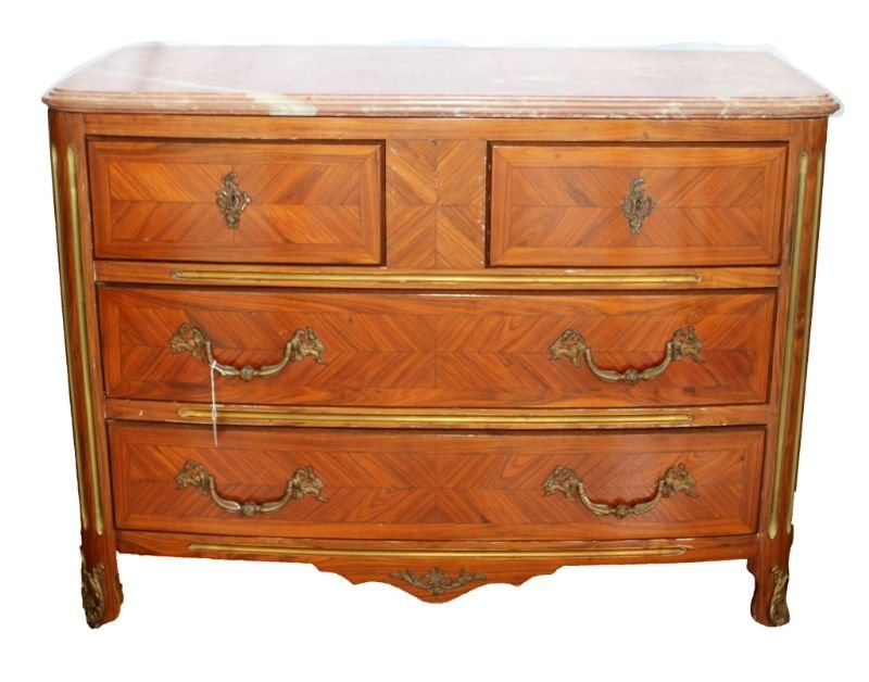 ANTIQUE FRENCH MARBLE TOP COMMODE: Erté (FRENCH, 1892-1990) lithographic print depicting a standing woman with fan. Titled 'Athena'. Signed in print to lower right. Mounted in black lacquer wooden frame with matting behind glass scree