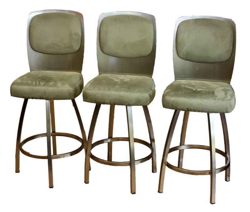 A SET OF 3 TRICA CALVIN SUEDE & METAL BAR STOOLS: A set of three Trica Calvin barstools having a suede and metal design. Chairs retail around $630.00 each. Chairs measure 32 3/4" height x 18" width x 19" depth.