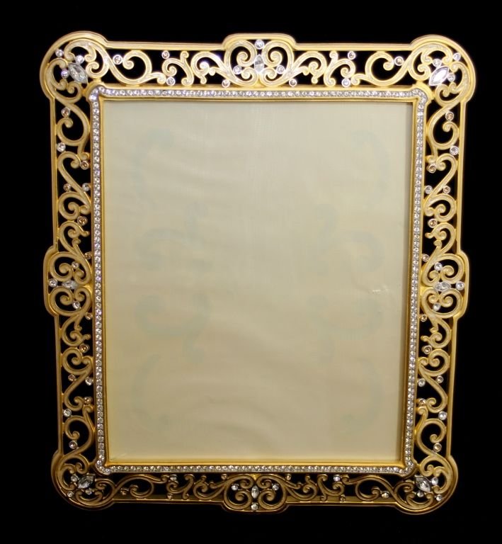 LARGE JAY STRONGWATER ENAMELED & JEWELED FRAME: A large and rare Jay Strongwater picture frame having a gilt enamel design and jeweled with Swarovski crystals. Silk lining behind glass screen. Hand signed by Strongwater to verso and dated 2003. Inc
