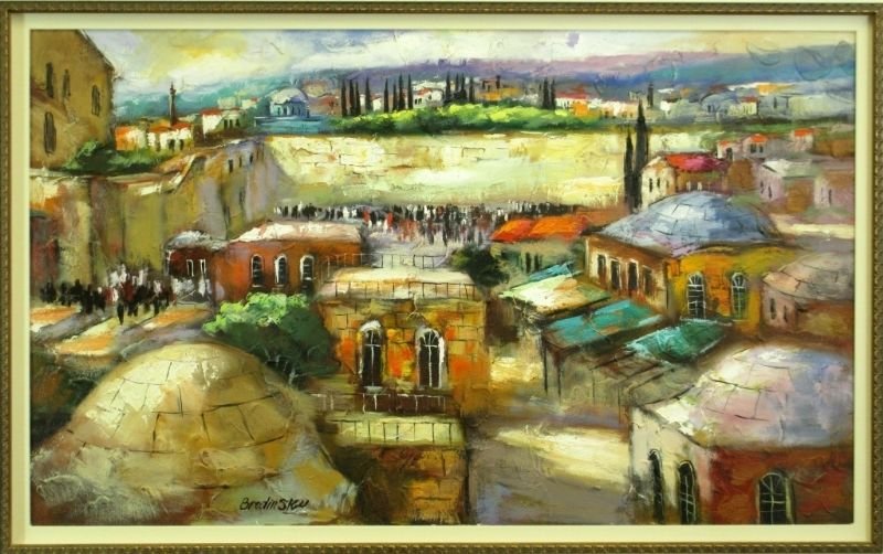 SLAVA BRODINSKY 1955 - RUSSIAN OIL OLD JERUSALEM: Large Oil on Canvas by Russian Artist Slava Brodinsky. Depicts Old Jerusalem Wailing Wall before Temple Mount was Built. View is from Roof Tops Signed Lower Right Brodinsky. Measures 40" by 24" Matted