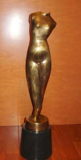 RUSSIAN-UKRAINIAN BRONZE SCULPTURE, ARCHIPENKO: RUSSIAN-UKRAINIAN BRONZE SCULPTURE attributed to ALEXANDER ARCHIPENKO (1887-1964), bronze with golden patina, height: 17.5, with marble base 22.5” signed Archipenko and dated 1916