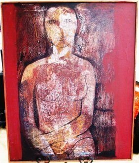 MAXIMINO JAVIER OIL ON CANVAS SEATED NUDE FEMALE: Maximino Javier (MEXICAN, 1948 - ) original oil painting on canvas depicting a seated nude female with rust red and brown ground. Mounted in thin wooden frame. Measures 39 1/2" height x 31 1/2" width.