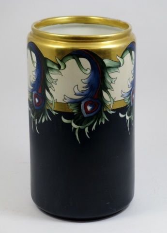 BERNADAUD LIMOGES ARTS & CRAFTS PORCELAIN VASE: Antique Bernardaud & Company hand painted Arts & Crafts round form vase having a leaves design with hearts over gilt and black ground. Bottom holds green under glaze 'B&Co/FRANCE' mark with enameled o