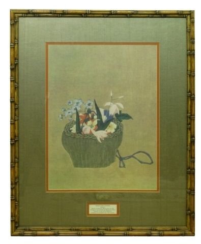 JAPANESE WATER COLOR ON SILK MARUYAMA SCHOOL: Basket of Flowers possibly by Maruyama Okyo or Student date to late 18th Century. Framed and matted measures 12" by 17"