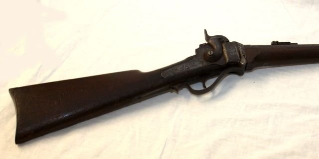 SHARPS PATENTED 1863 UNION CIVIL WAR CARBINE: Sharps 1863 Civil War Union M-011 Carbine. Marked Sharps patented 1858 to side. A. S. Lawrence Patented 1859 Above hammer. Verso near saddle strap ring Patent dated 1848. Measures approx. 39" length.