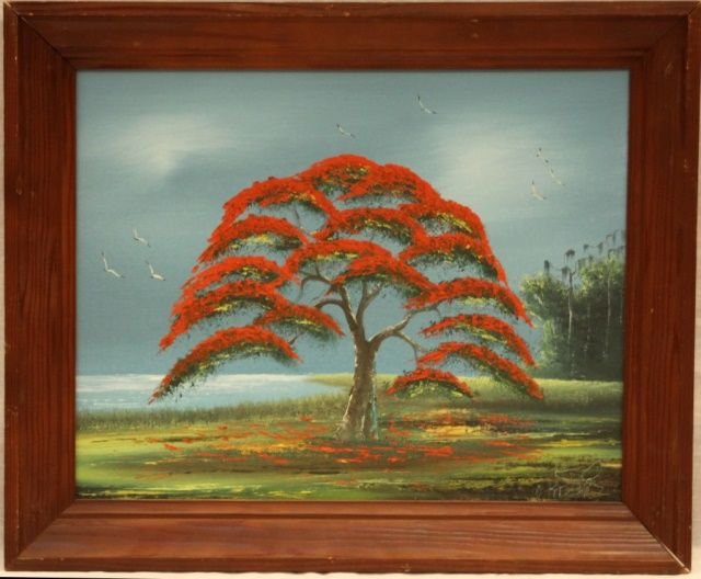 HIGHWAYMEN OIL PAINTING OF POINCIANA, I. KNIGHT: Highwaymen art oil painting on board depicting a landscape scene centered around a Royal Poinciana tree by Isaac Knight. Signed to lower right. Mounted in a wooden frame. Measures 16" height x 20" wid
