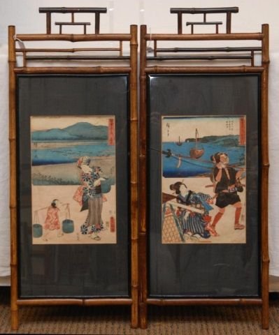PAIR OF JAPANESE WOODBLOCK PRINTS IN BAMBOO FRAMES: Pair of old Japanese woodblock prints mounted in bamboo wood frames and displayed behind glass screens. One depicts a warrior with spear eating food from kushiyaki while the woman who is serving watch