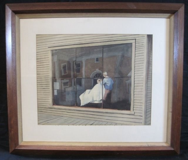 EDMUND BLODGETT WATERCOLOR ON PAPER OF BARBERSHOP: Edmund Walton Blodgett (AMERICAN, 1908 - 1963) original watercolor on paper depicting a most interesting scene with barber grooming patron on the interior of his shop with the reflection of what is be