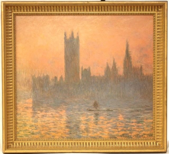 AFTER CLAUDE MONET PARLIAMENT BY SUNSET GICLEE: Giclee after Claude Monet (FRENCH, 1840-1926) depicting ''Parliament in London by Sunset". Mounted in gilt wooden frame. Measures 27" height x 30" width + 2 5/8" frame.