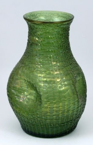 LOETZ CRETE CHINE GREEN IRIDESCENT ART GLASS VASE: Antique hand blown iridescent 'Crete de Chine' green art glass vase having a raised vein design throughout. Pontil mark to bottom. 19th to early 20th century. Measures 9 1/4" height x 7" diameter. Tot