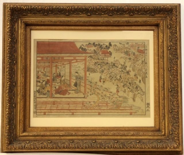 ANTIQUE JAPANESE WOODBLOCK OF TOWNSCAPE SCENE: Antique Japanese woodblock depicting a landscape scene with village and partial interior. Calligraphy to upper right and lower left with signatures and seals. Circa Edo to Meiji period. Mounted in sco