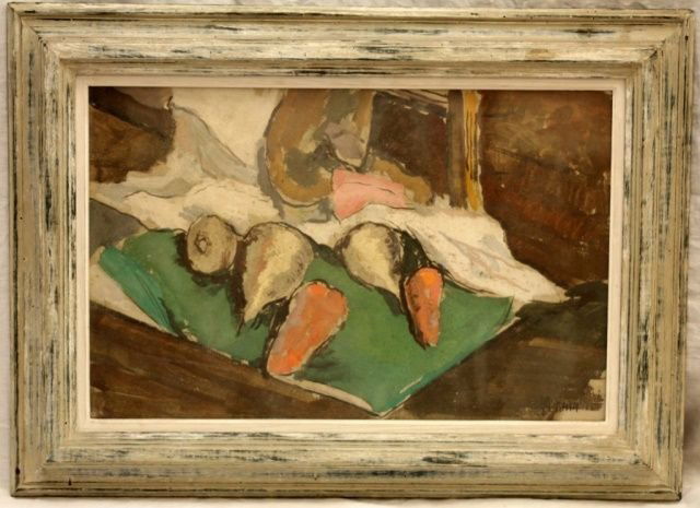 STILL LIFE GOUACHE ON PAPER SIGNED M. KAIN: A still life gouache work on paper depicting a still life scene with vegetables. Signed M. Kain to lower right. Mounted in a very old wooden frame behind screen. Measures 14" height x 21" width + 2 1/