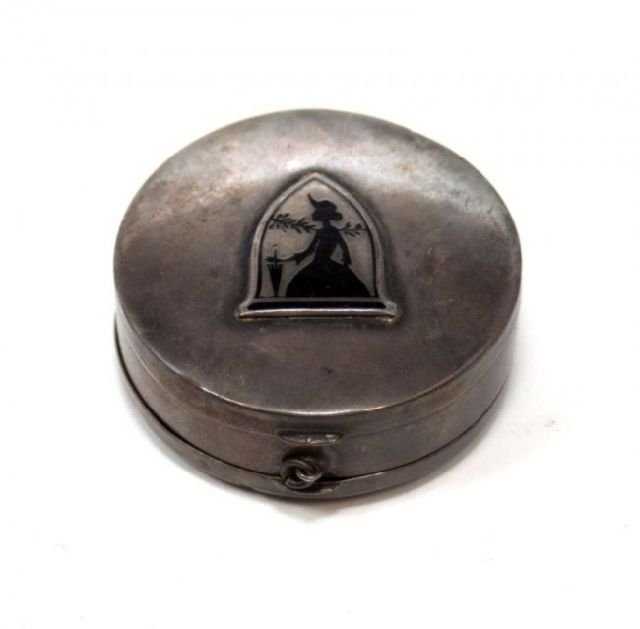 19TH CENTURY STERLING SILVER DOUBLE SIDED PILL BOX: Enamel Center of Lady holding an umbrella measures 1 3/4" Diameter weights 1.43 Troy Ounces. Rare Double hinged sided piece.