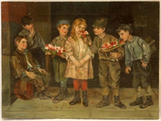 ANTIQUE AMERICAN OIL PAINTING ON CANVAS OF KIDS: Antique American oil painting on canvas depicting young boys attempting to swoon a young girl with flowers. Some damage. 19th century. Measures 19" height x 14" width.