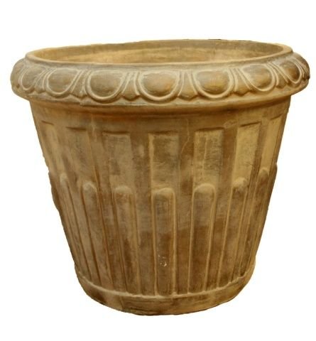 MASSIVE HAND CRAFTED 20th CENTURY POTTERY PLANTER: A large and heavy 20th century hand crafted pottery garden planter with stylized design to rim and verticle line design to body reflecting an antique look. Gold rim to beige and white base. Purchased 