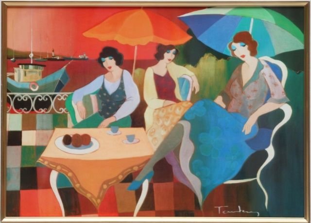 TARKAY EXTERIOR SCENE, THREE WOMEN IN HARBOR: Itzchak Tarkay (ISRAELI, 1935 - ) lithograph in frame depicting three women is a harbor scene. Signed in the print to lower right. Mounted in gold wooden frame. Measures 10" height x 14" width + 5" ma