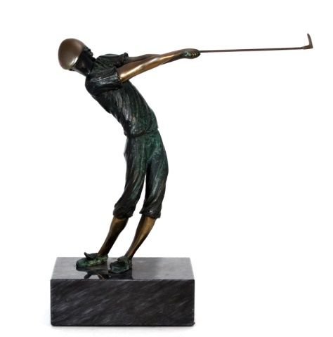BRONZE GOLFER SCULPTURE ATTRIBUTED TO TOM BENNETT: Bronze sculpture depicting a golfer in mid swing. Attributed to Tom Bennett (AMERICAN, 1928 - ). Mounted on black marble plinth. Measures 9 3/4" height + 2" base height x 12" width. Total weight of 4.