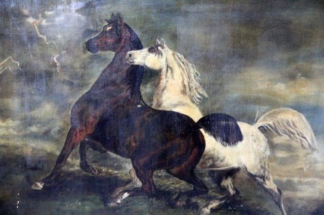 A.J. GARLOCK 1909 HORSES IN FIELD OIL PAINTING: Antique oil painting on canvas depicting courting horses. Signed A. J. Garlock and dated 1909. Mounted in wooden gilt frame. Image measures 22" height x 27" width.