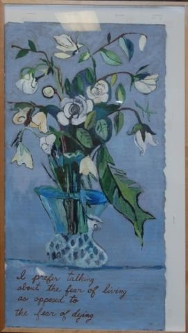 KAREN FINLEY MIXED MEDIA ON RAG PAPER: KAREN FINLEY MIXED MEDIA ON RAG PAPER Mixed media on rag paper, from Kim's Light Gallery California by Karen Finley, titled "I prefer talking about the Fear of Living as Opposed to the Fear of Dying"