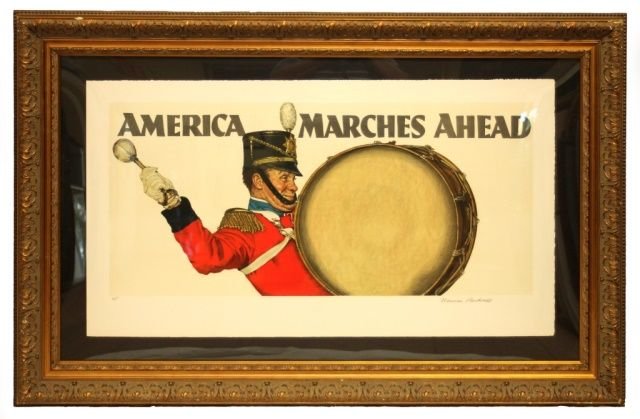 NORMAN ROCKWELL ORIGINAL ARTIST PROOF LITHOGRAPH: Norman Rockwell (AMERICAN, 1894 - 1978) original twelve color Artist Proof lithograph on arches paper depicting a man in marching band playing the bass drum. Executed August 1975 at Atelier Ettinger I