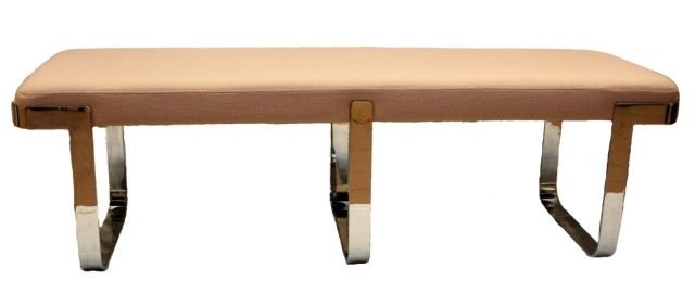 STAINLESS STEEL BENCH, MANNER OF MILO BAUGHMAN: A modern stainless steel bench crafted in the manner of Milo Baughman. Measures approx. 60" length x 19" height x 18" width.