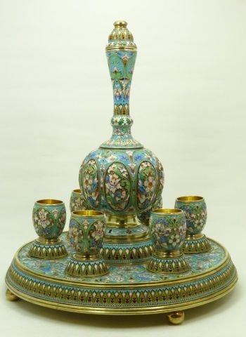RUSSIAN IMPERIAL SILVER & ENAMEL WINE SET: RUSSIAN IMPERIAL SILVER & MULTI COLOR FLORAL ENAMEL WINE SET CONSISTING OF A LARGE FOOTED TRAY, DECANTER AND SIX WINE GOBLETS. HOLDS THE IMPRESSED MARK OFWORK MASTERS & SILVER PURITY MARK. MEASURES: T