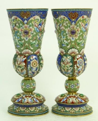 PAIR RUSSIAN IMPERIAL SILVER & JEWELED CHALICES: PAIR TALL RUSSIAN IMPERIAL SILVER, MULTI COLOR ENAMEL, & JEWELED CHALICES. HOLDS THE IMPRESSED WORK MASTERS & 88 SILVER PURITY MARKS. MEASURES 7" TALL. TOTAL WEIGHT 18 OZT